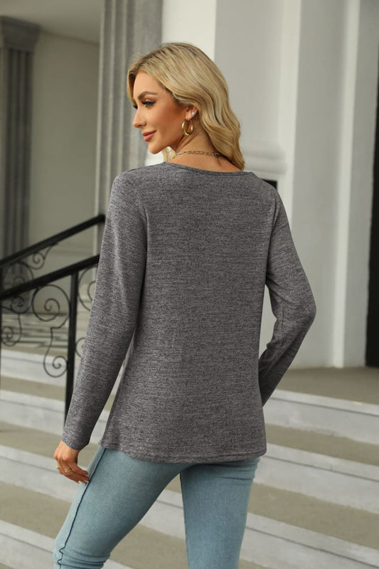 Square Neck Long Sleeve Slit T-Shirt - T-Shirts - Shirts & Tops - 2 - 2024