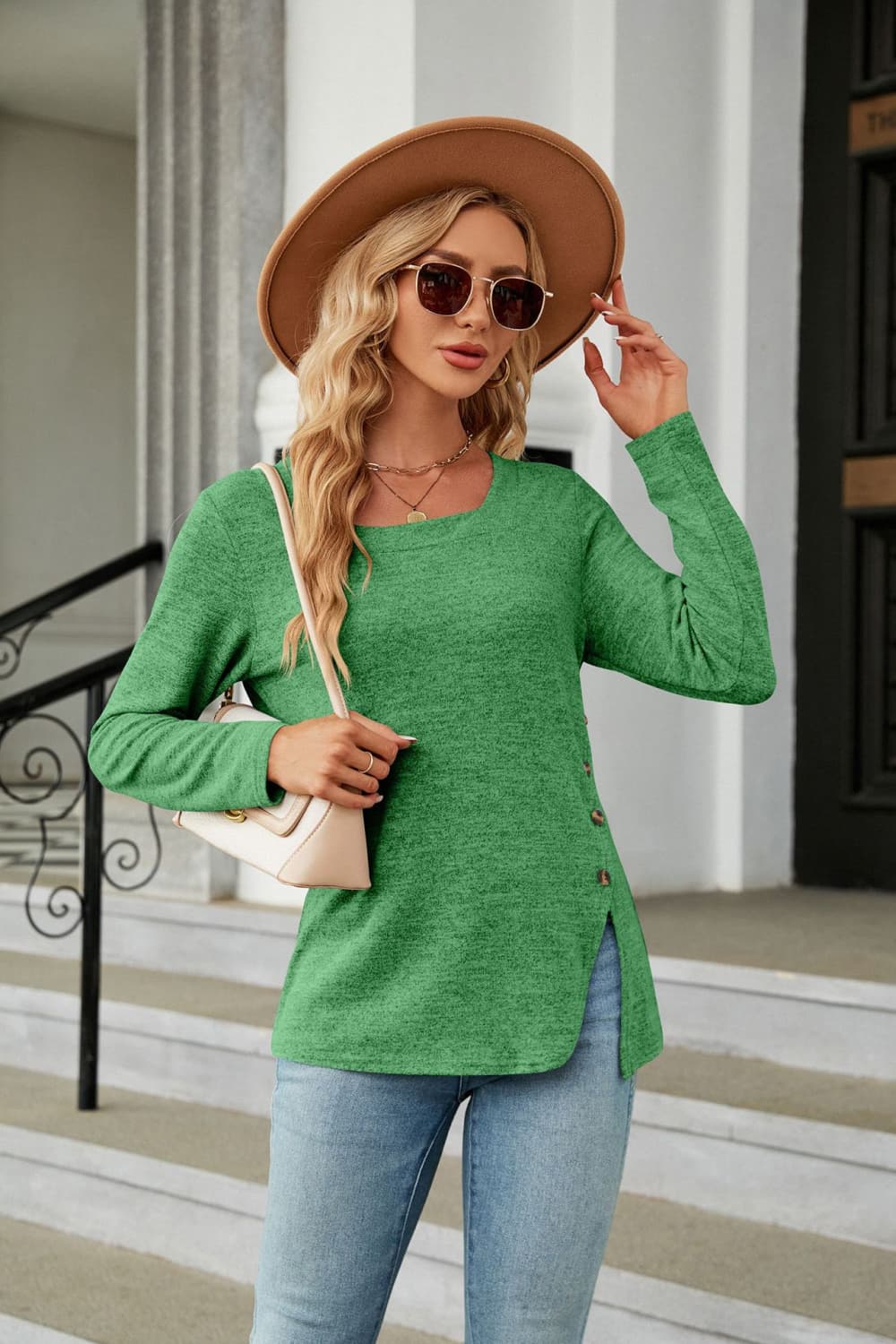 Square Neck Long Sleeve Slit T-Shirt - Mid Green / S - T-Shirts - Shirts & Tops - 7 - 2024