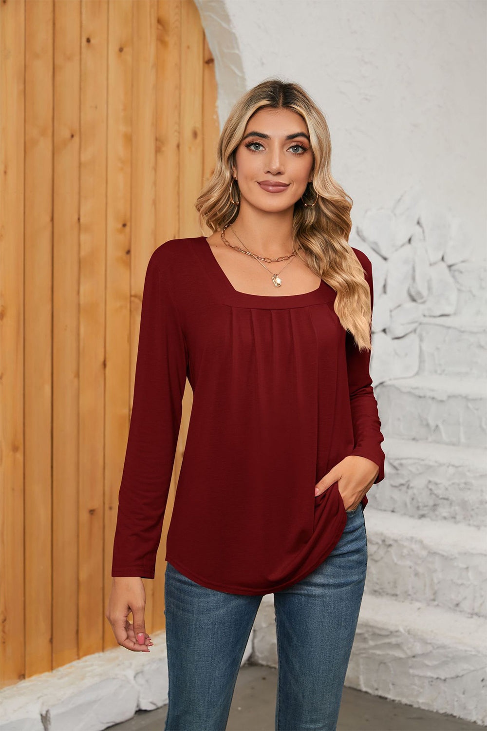 Square Neck Long Sleeve T-Shirt - Red / S - T-Shirts - Shirts & Tops - 9 - 2024