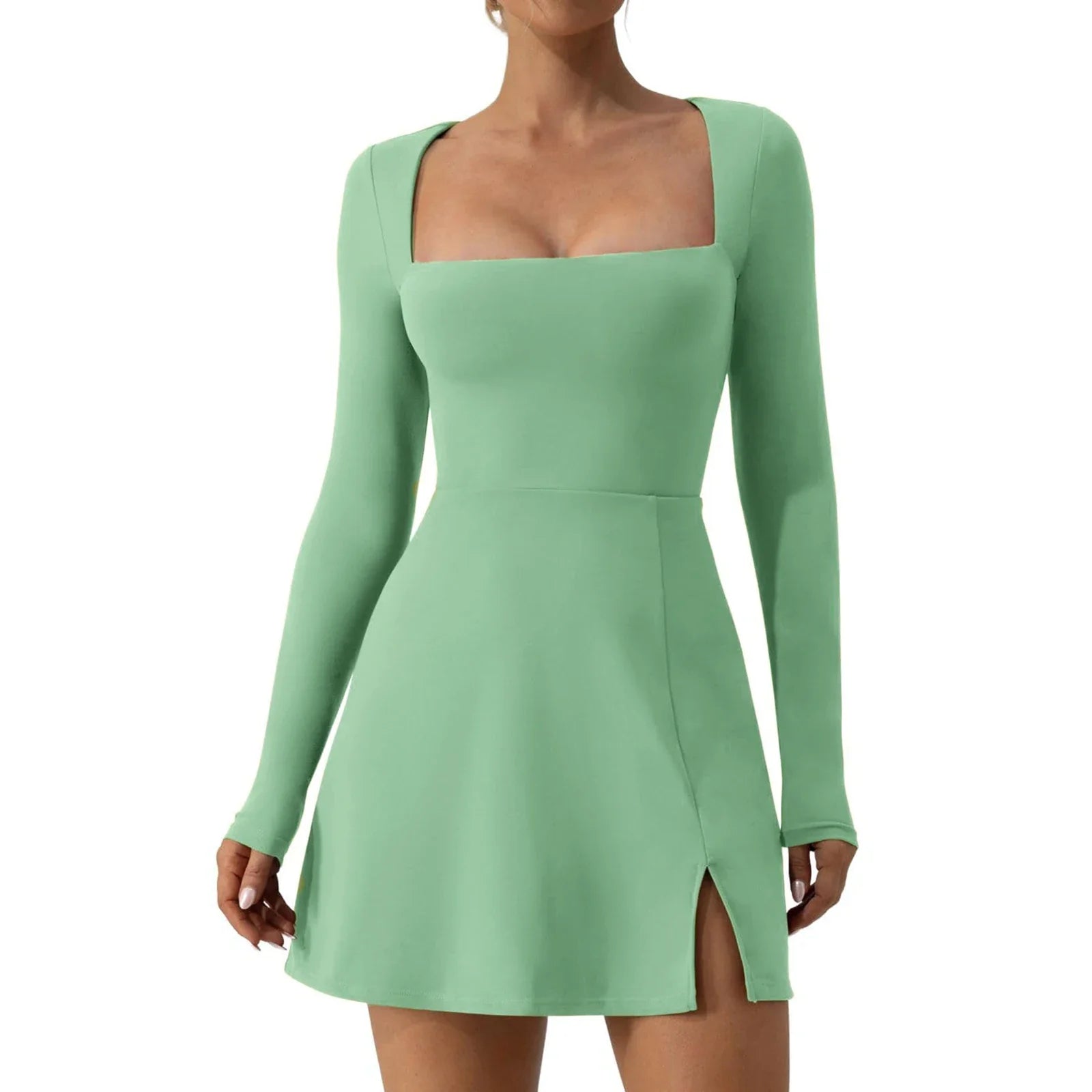 Square Neck Mini Dress – Long Sleeve with Side Slit - Green / United States / S - All Dresses - One-Pieces - 2024