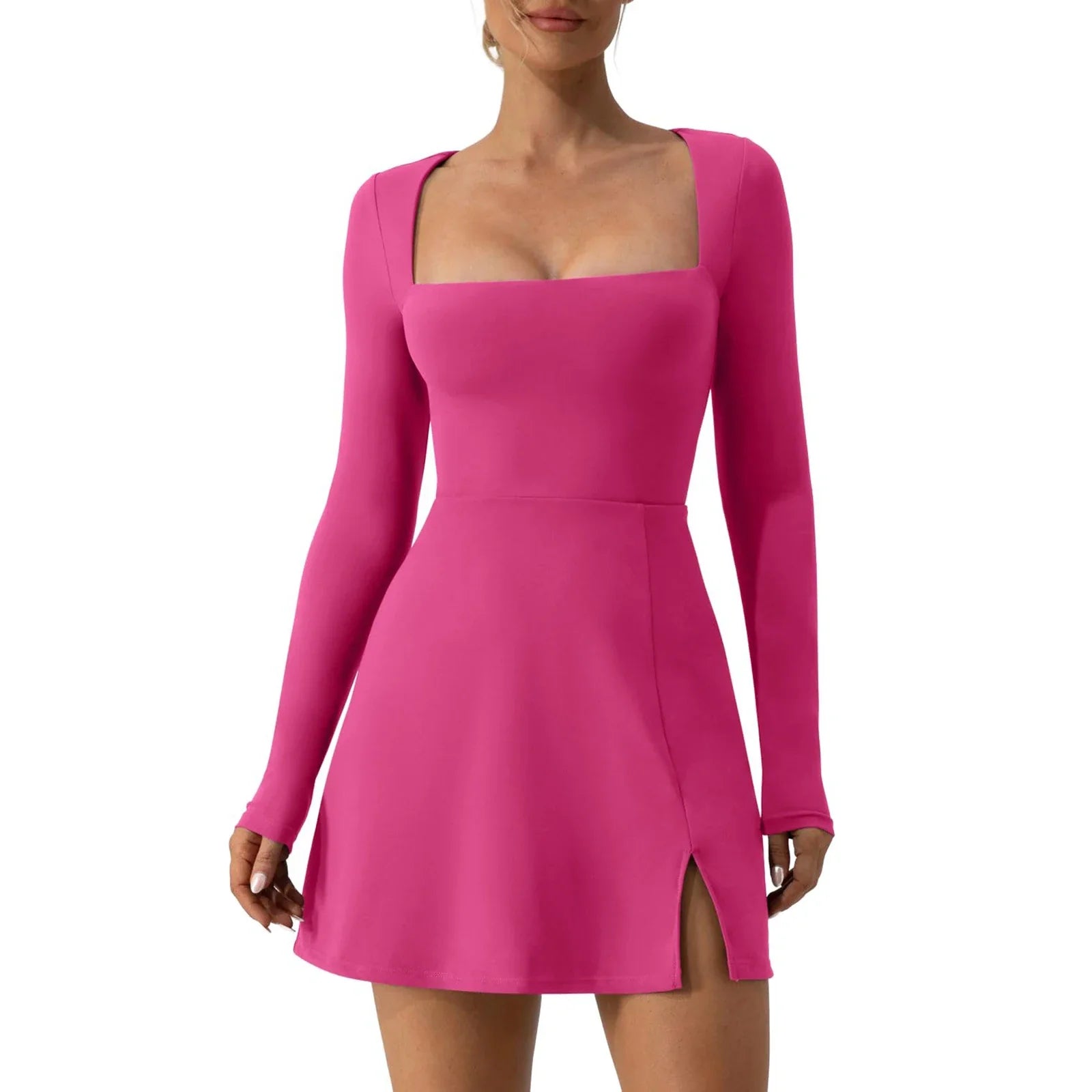 Square Neck Mini Dress – Long Sleeve with Side Slit - Pink / United States / S - All Dresses - One-Pieces - 2024 - 11