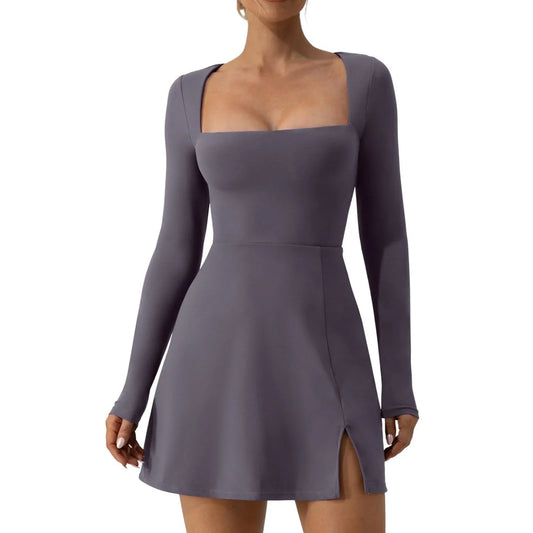 Square Neck Mini Dress – Long Sleeve with Side Slit - Gray / United States / S - All Dresses - One-Pieces - 2024 - 12