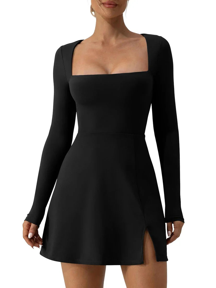 Square Neck Mini Dress – Long Sleeve with Side Slit - All Dresses - One-Pieces - 2024 - 3 - Worldwide Shipping