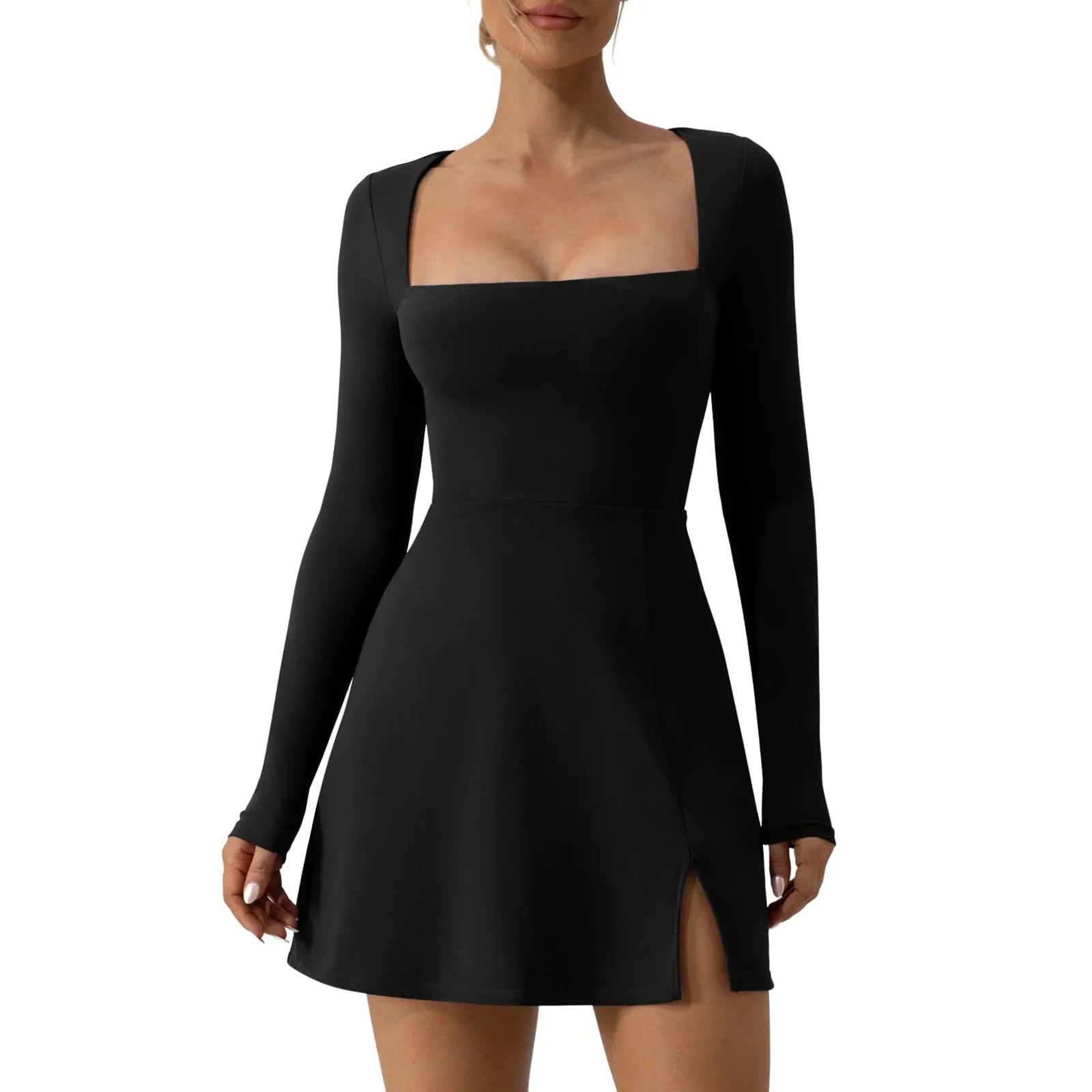 Square Neck Mini Dress – Long Sleeve with Side Slit - Black / United States / S - All Dresses - One-Pieces - 2024 - 6