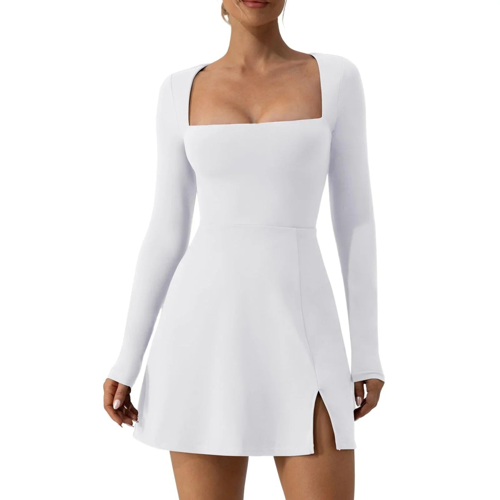 Square Neck Mini Dress – Long Sleeve with Side Slit - White / United States / S - All Dresses - One-Pieces - 2024 - 7