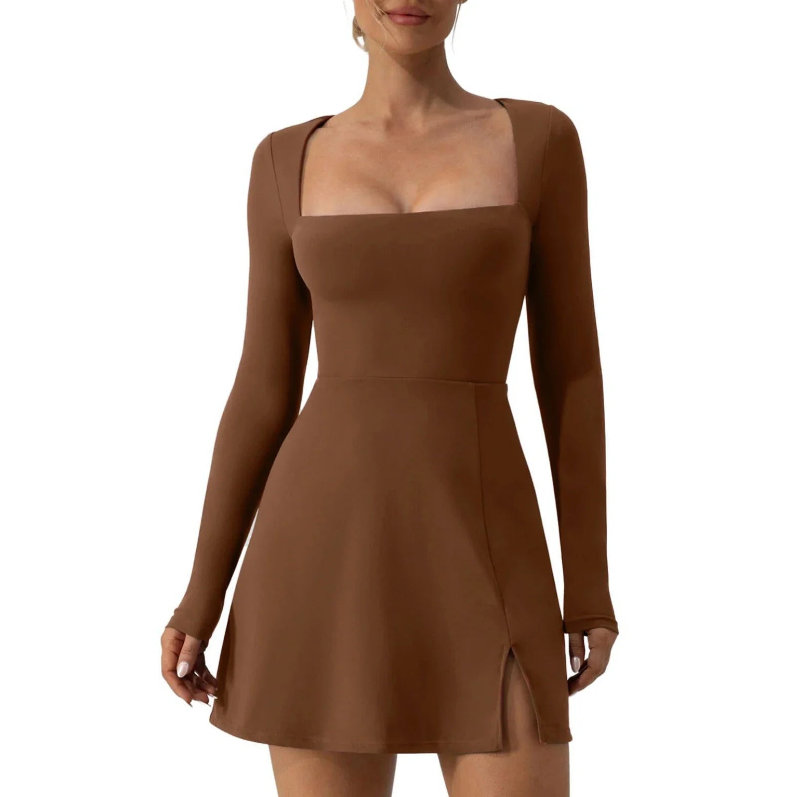 Square Neck Mini Dress – Long Sleeve with Side Slit - Brown / United States / S - All Dresses - One-Pieces - 2024 - 8