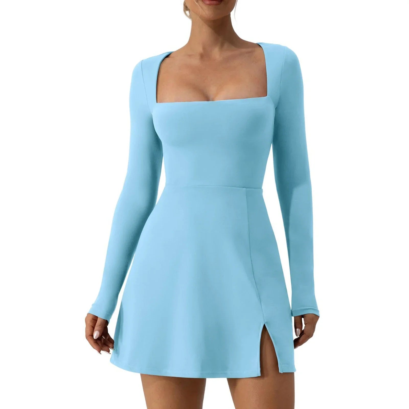 Square Neck Mini Dress – Long Sleeve with Side Slit - Blue / United States / S - All Dresses - One-Pieces - 2024 - 9