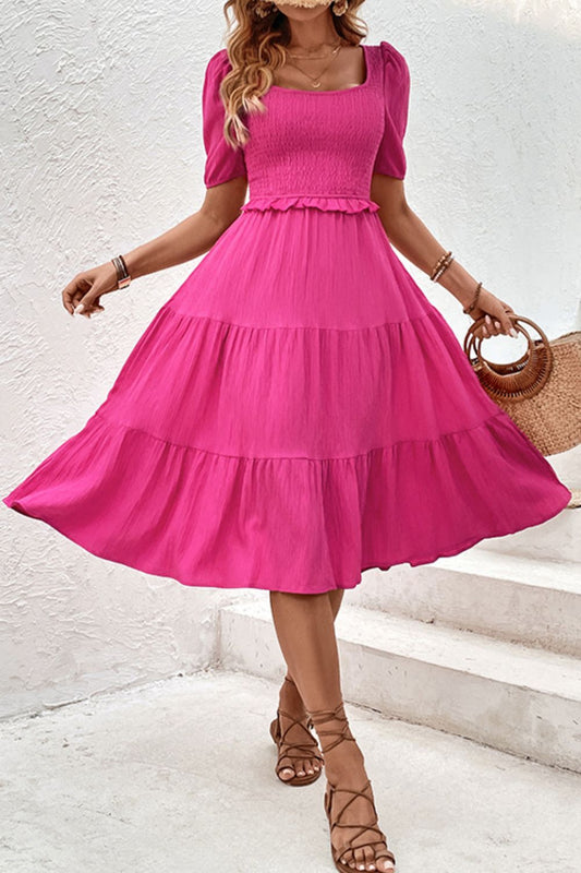 Square Neck Puff Sleeve Cutout Dress - Pink / S - All Dresses - Dresses - 1 - 2024