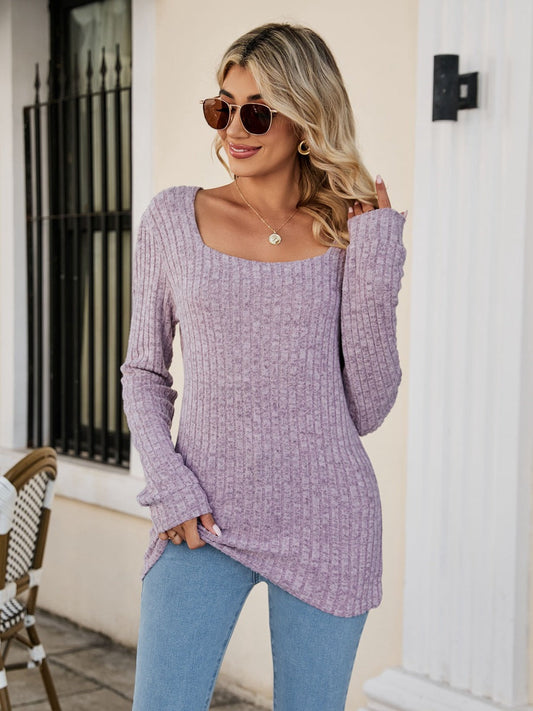 Square Neck Ribbed Long Sleeve T-Shirt - Purple / S - T-Shirts - Shirts & Tops - 1 - 2024