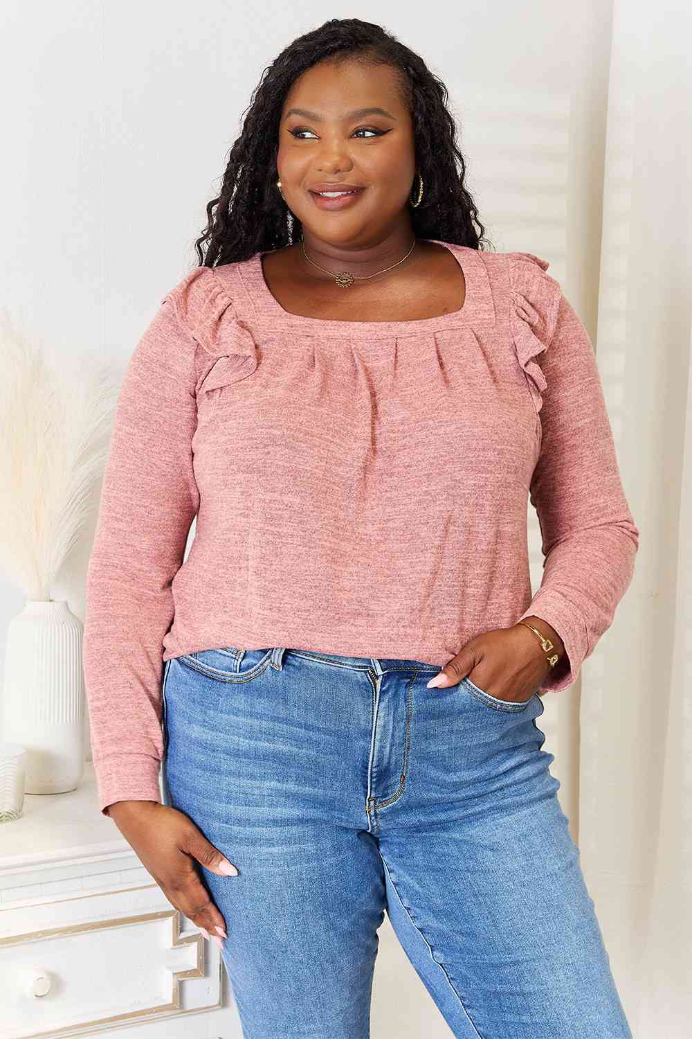 Square Neck Ruffle Shoulder Long Sleeve T-Shirt - Light Mauve / S - T-Shirts - Shirts & Tops - 1 - 2024