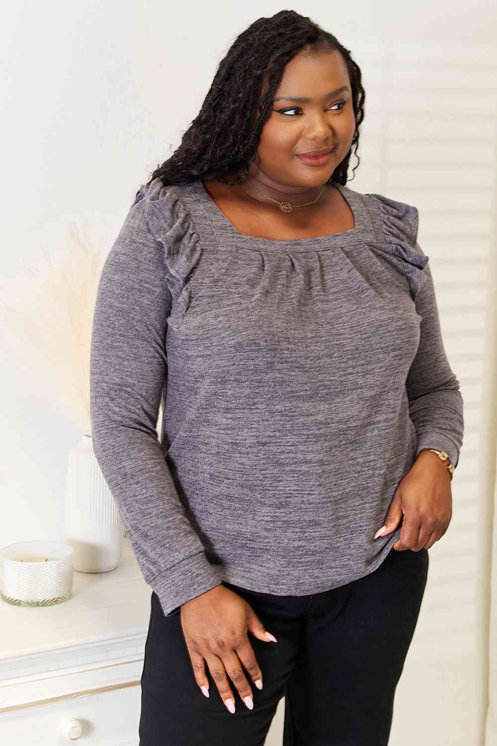 Square Neck Ruffle Shoulder Long Sleeve T-Shirt - Charcoal / S - T-Shirts - Shirts & Tops - 10 - 2024