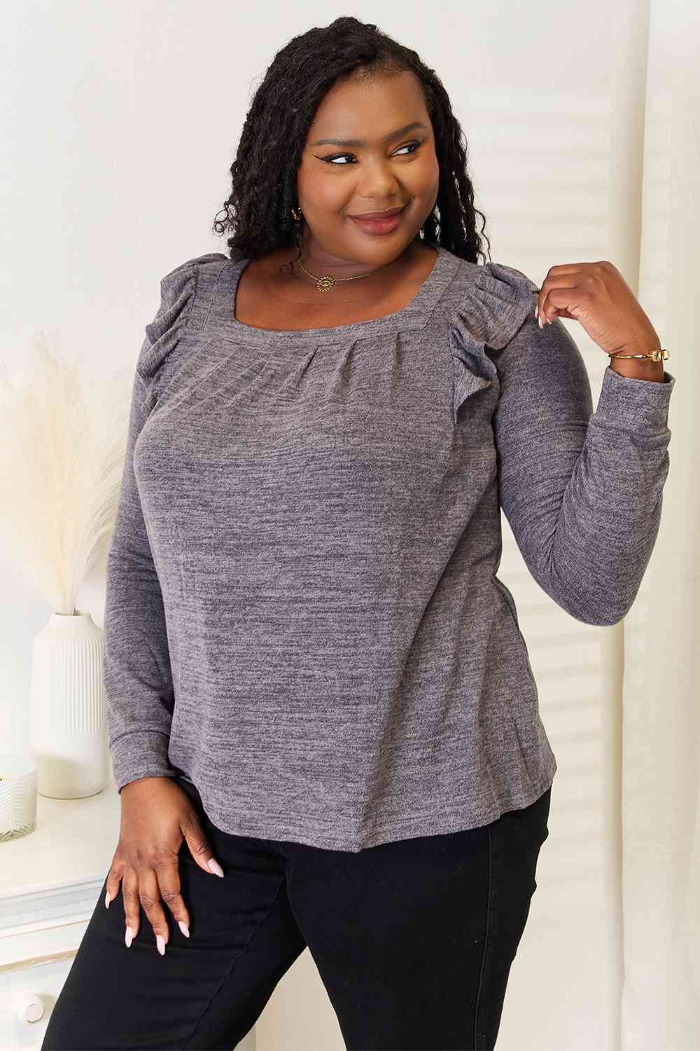 Square Neck Ruffle Shoulder Long Sleeve T-Shirt - T-Shirts - Shirts & Tops - 11 - 2024