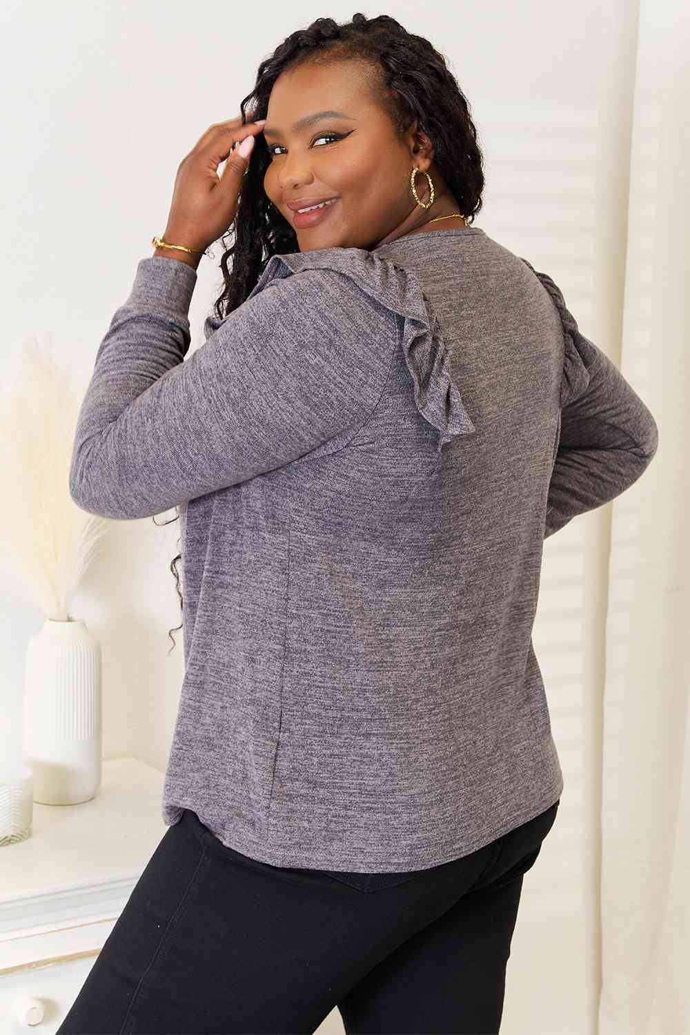 Square Neck Ruffle Shoulder Long Sleeve T-Shirt - T-Shirts - Shirts & Tops - 12 - 2024