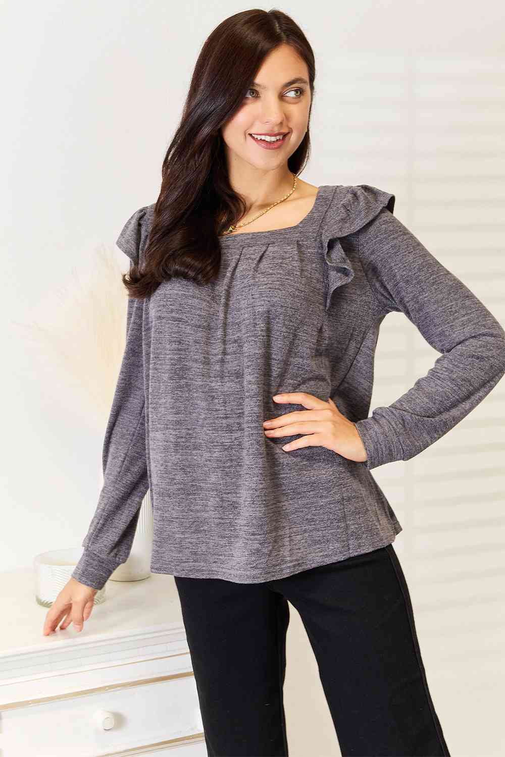 Square Neck Ruffle Shoulder Long Sleeve T-Shirt - T-Shirts - Shirts & Tops - 14 - 2024