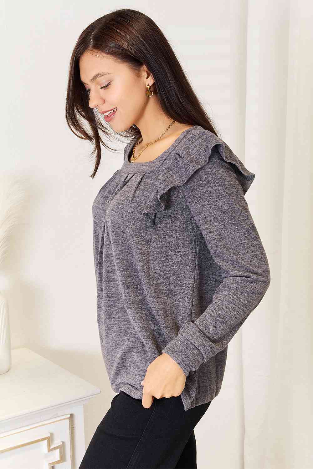 Square Neck Ruffle Shoulder Long Sleeve T-Shirt - T-Shirts - Shirts & Tops - 15 - 2024