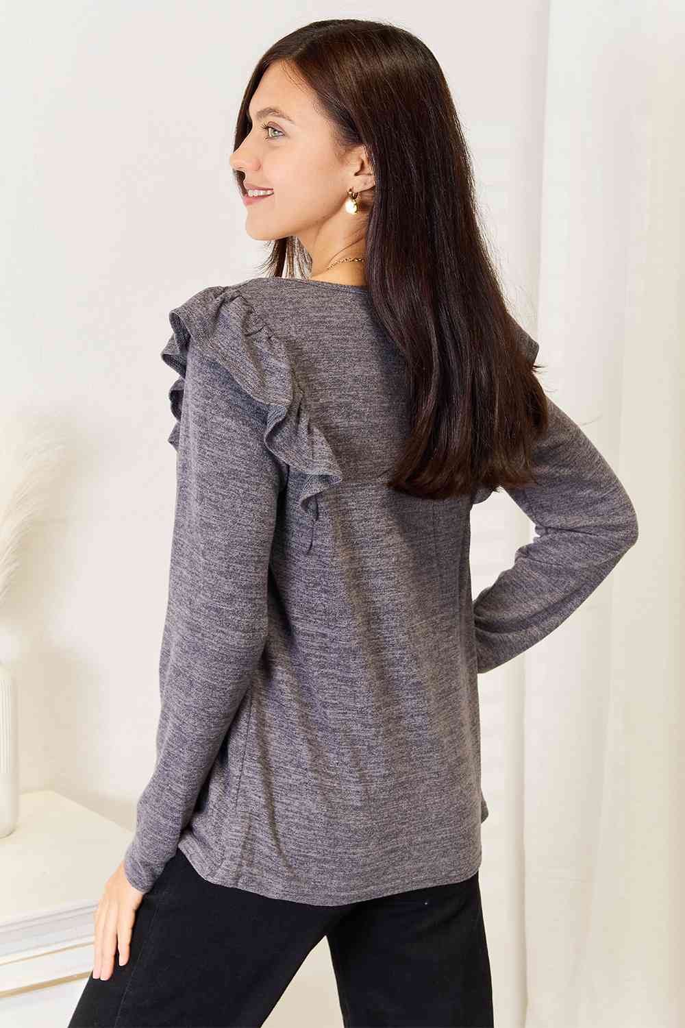 Square Neck Ruffle Shoulder Long Sleeve T-Shirt - T-Shirts - Shirts & Tops - 16 - 2024