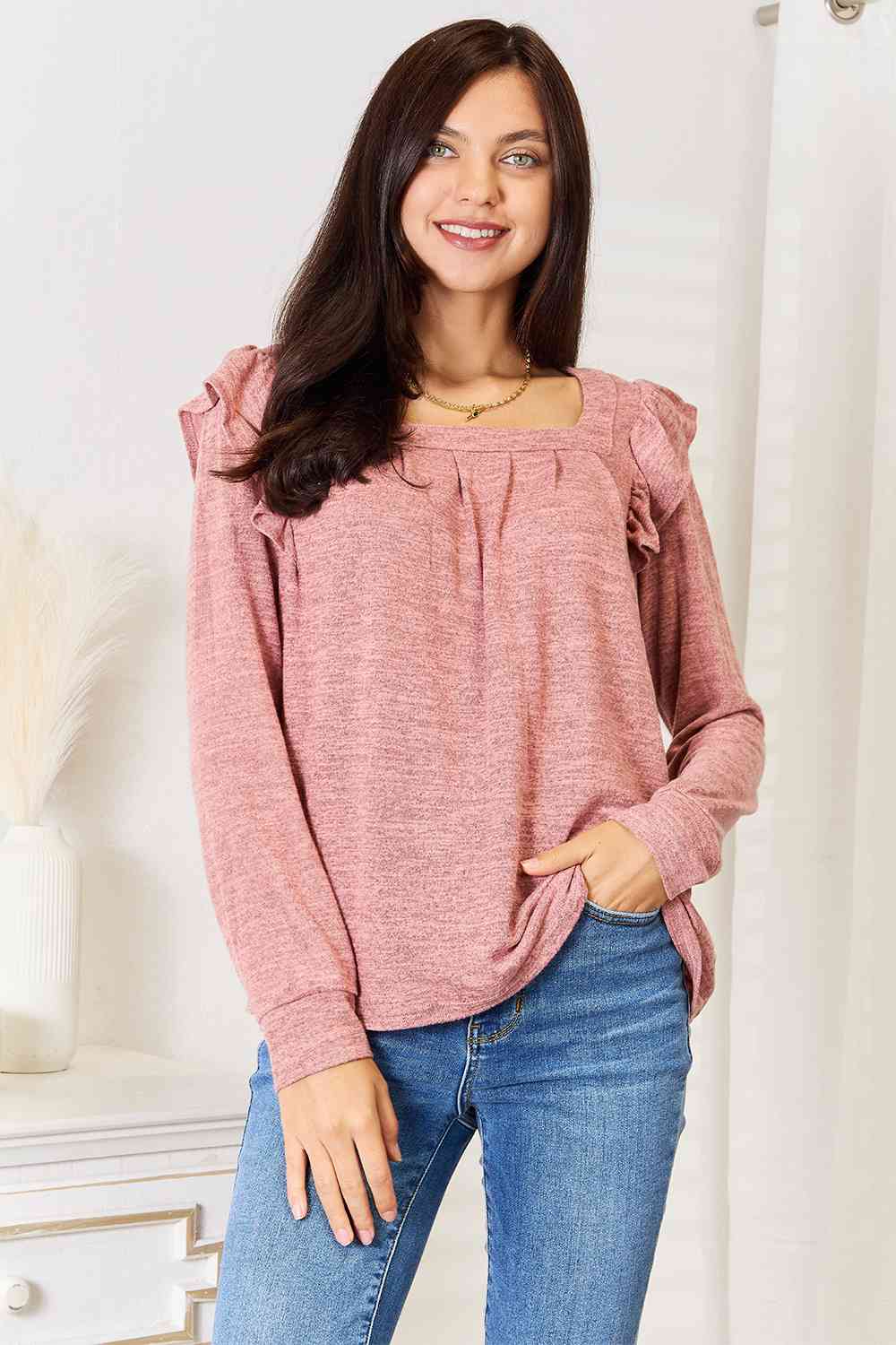 Square Neck Ruffle Shoulder Long Sleeve T-Shirt - T-Shirts - Shirts & Tops - 5 - 2024