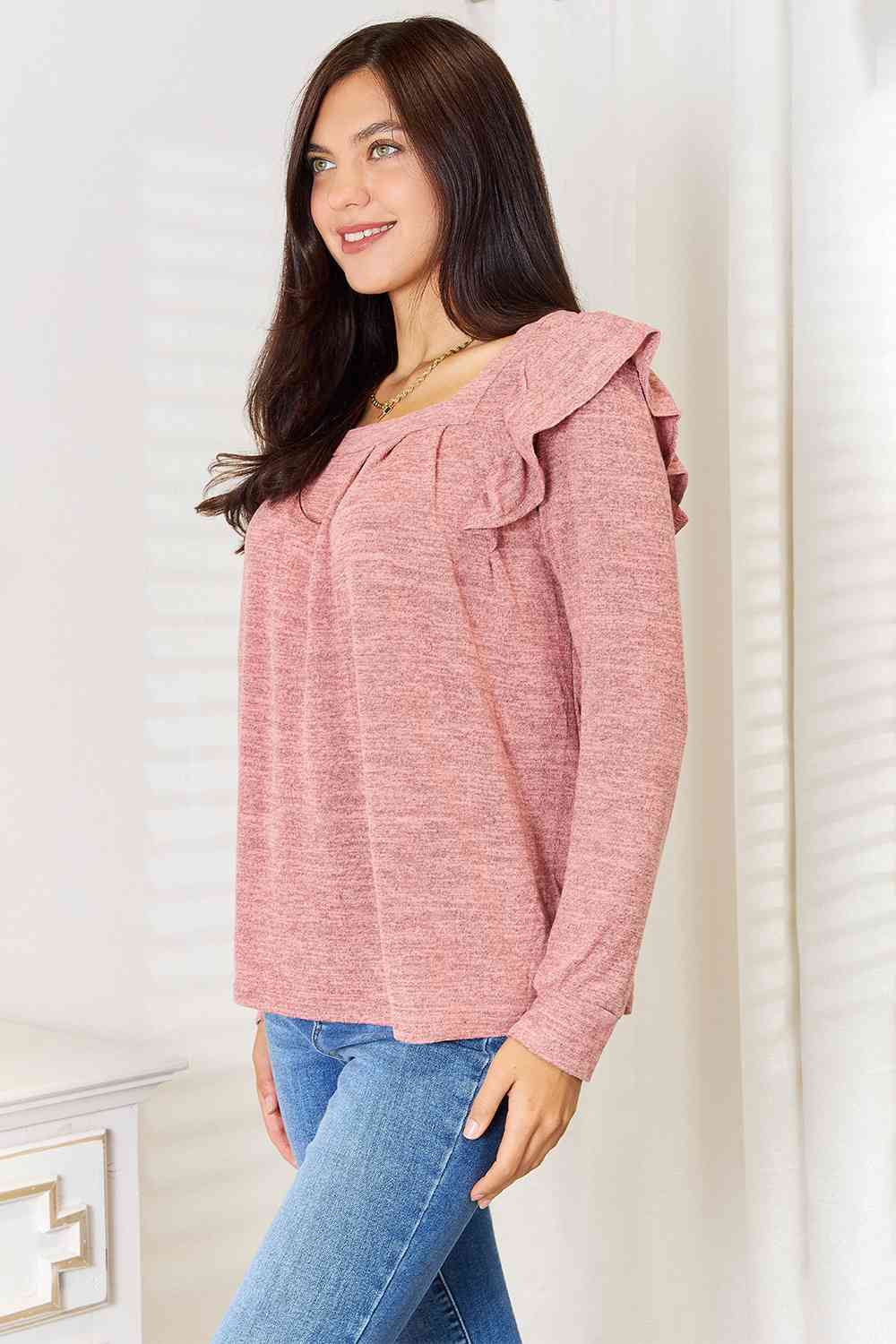 Square Neck Ruffle Shoulder Long Sleeve T-Shirt - T-Shirts - Shirts & Tops - 6 - 2024