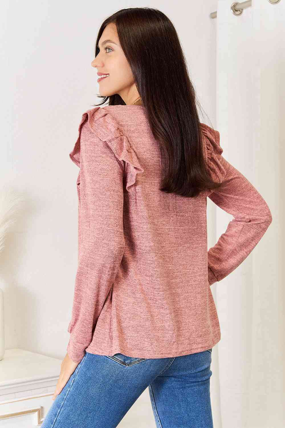 Square Neck Ruffle Shoulder Long Sleeve T-Shirt - T-Shirts - Shirts & Tops - 7 - 2024