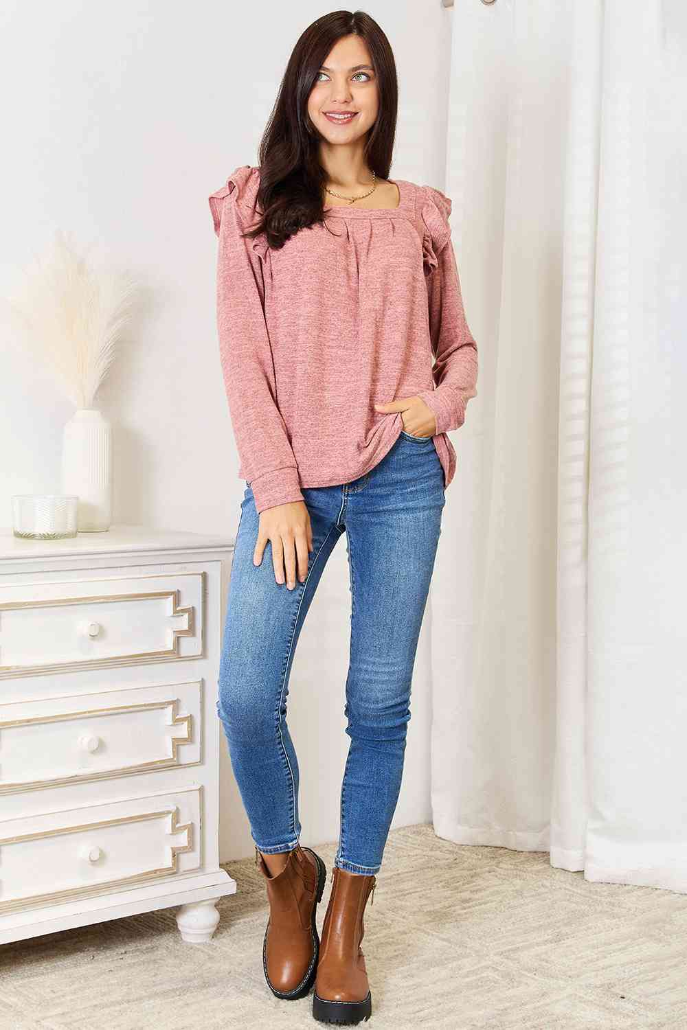 Square Neck Ruffle Shoulder Long Sleeve T-Shirt - T-Shirts - Shirts & Tops - 8 - 2024