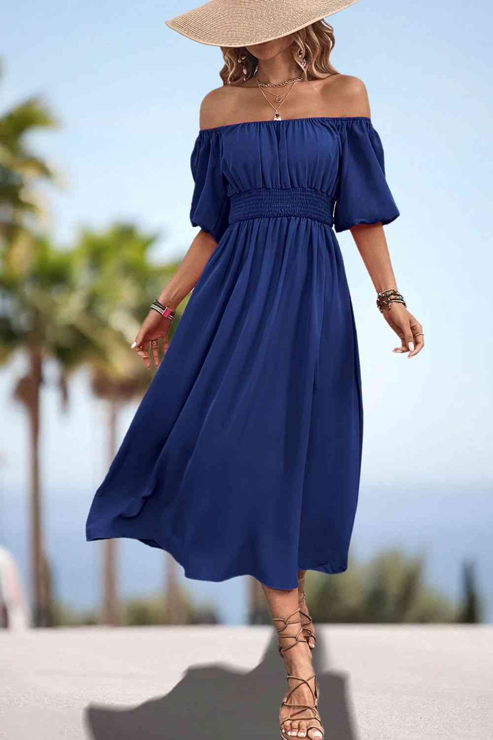 Square Neck Smocked Waist Puff Sleeve Midi Dress - All Dresses - Dresses - 10 - 2024