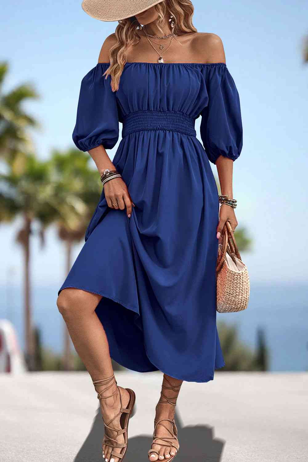 Square Neck Smocked Waist Puff Sleeve Midi Dress - All Dresses - Dresses - 11 - 2024