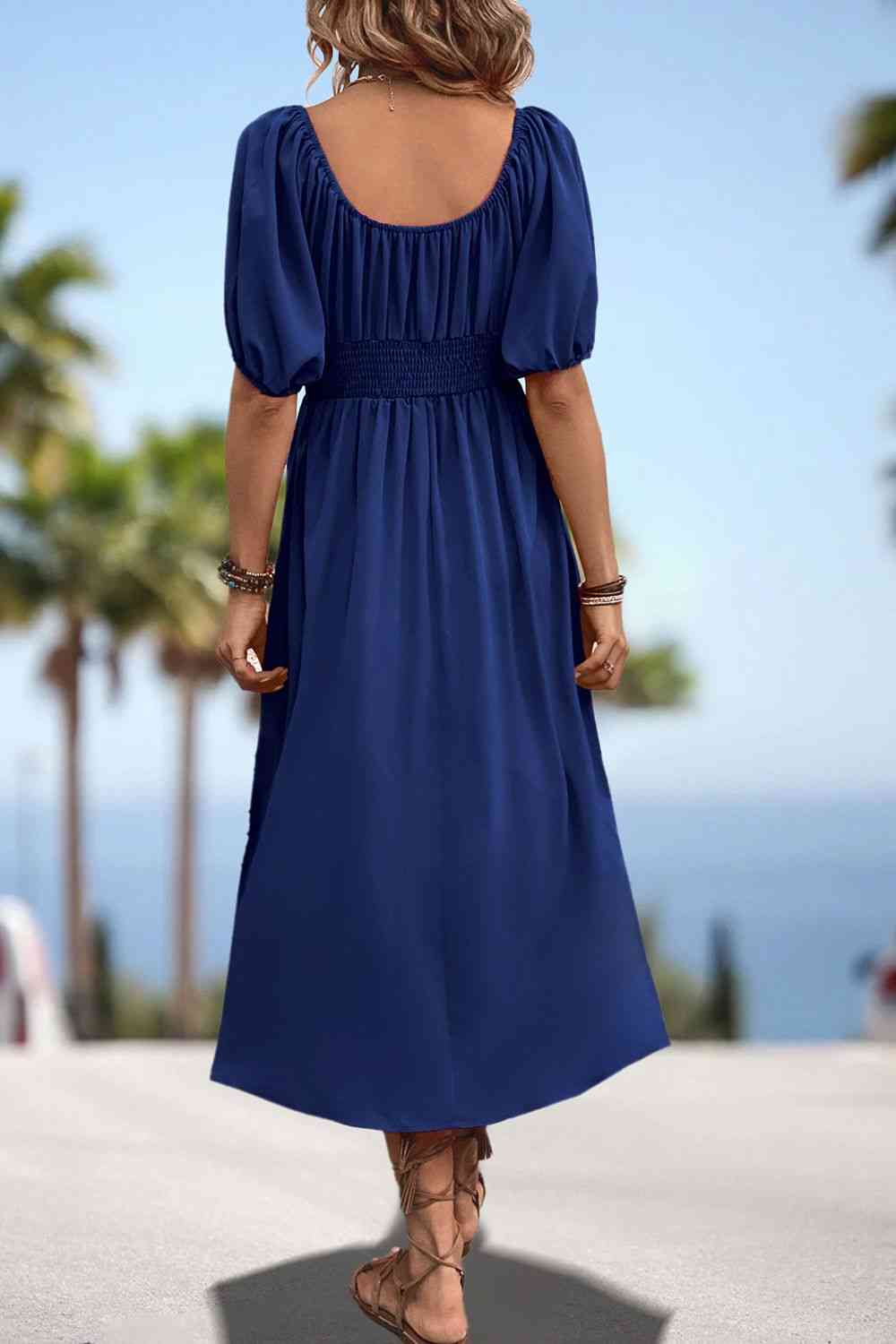 Square Neck Smocked Waist Puff Sleeve Midi Dress - All Dresses - Dresses - 12 - 2024