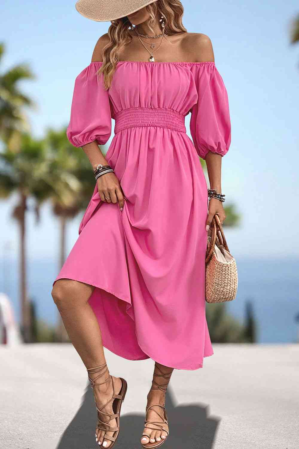 Square Neck Smocked Waist Puff Sleeve Midi Dress - All Dresses - Dresses - 4 - 2024