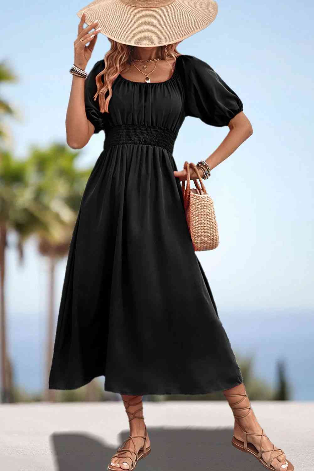 Square Neck Smocked Waist Puff Sleeve Midi Dress - All Dresses - Dresses - 6 - 2024