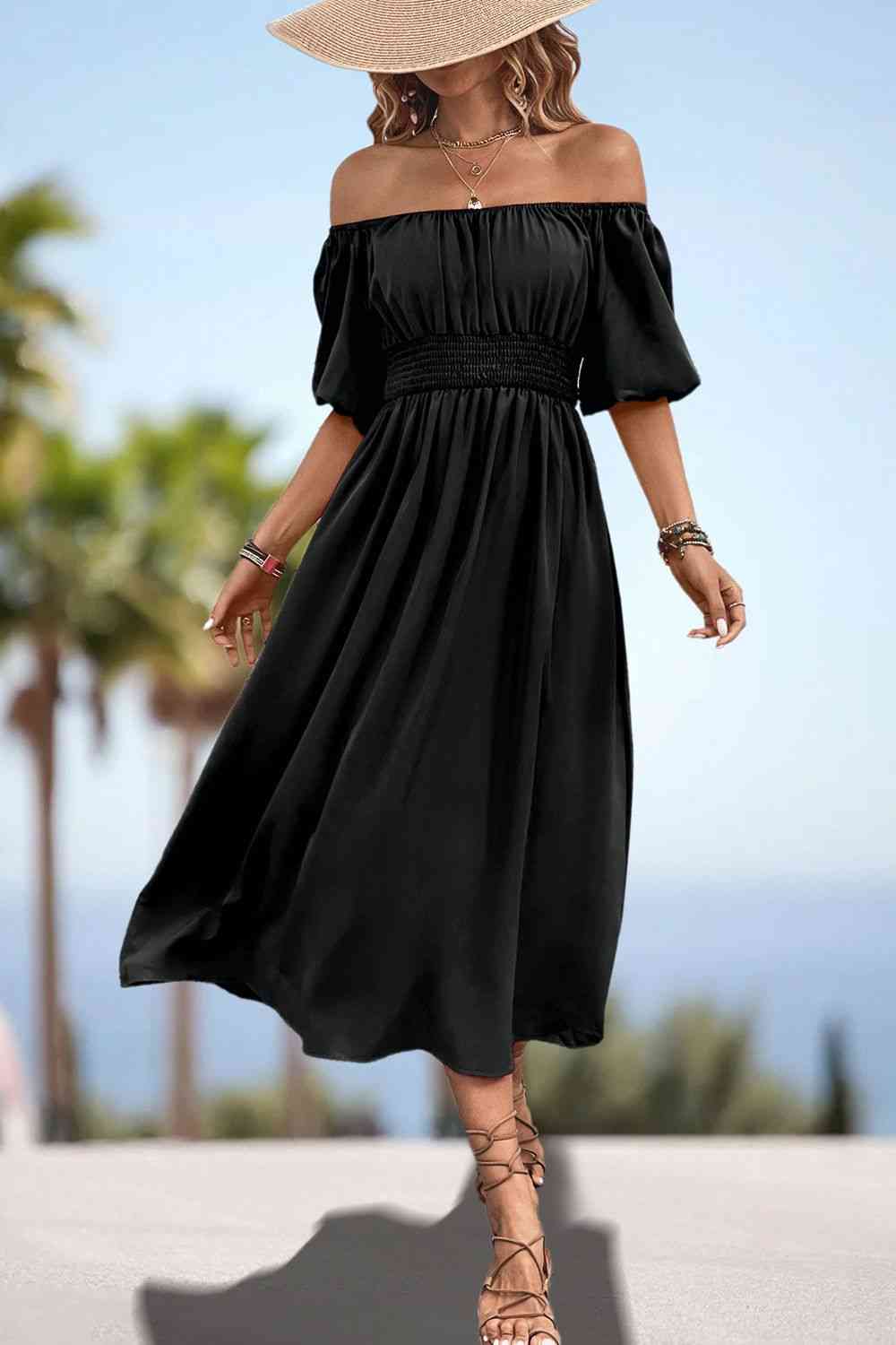 Square Neck Smocked Waist Puff Sleeve Midi Dress - All Dresses - Dresses - 7 - 2024