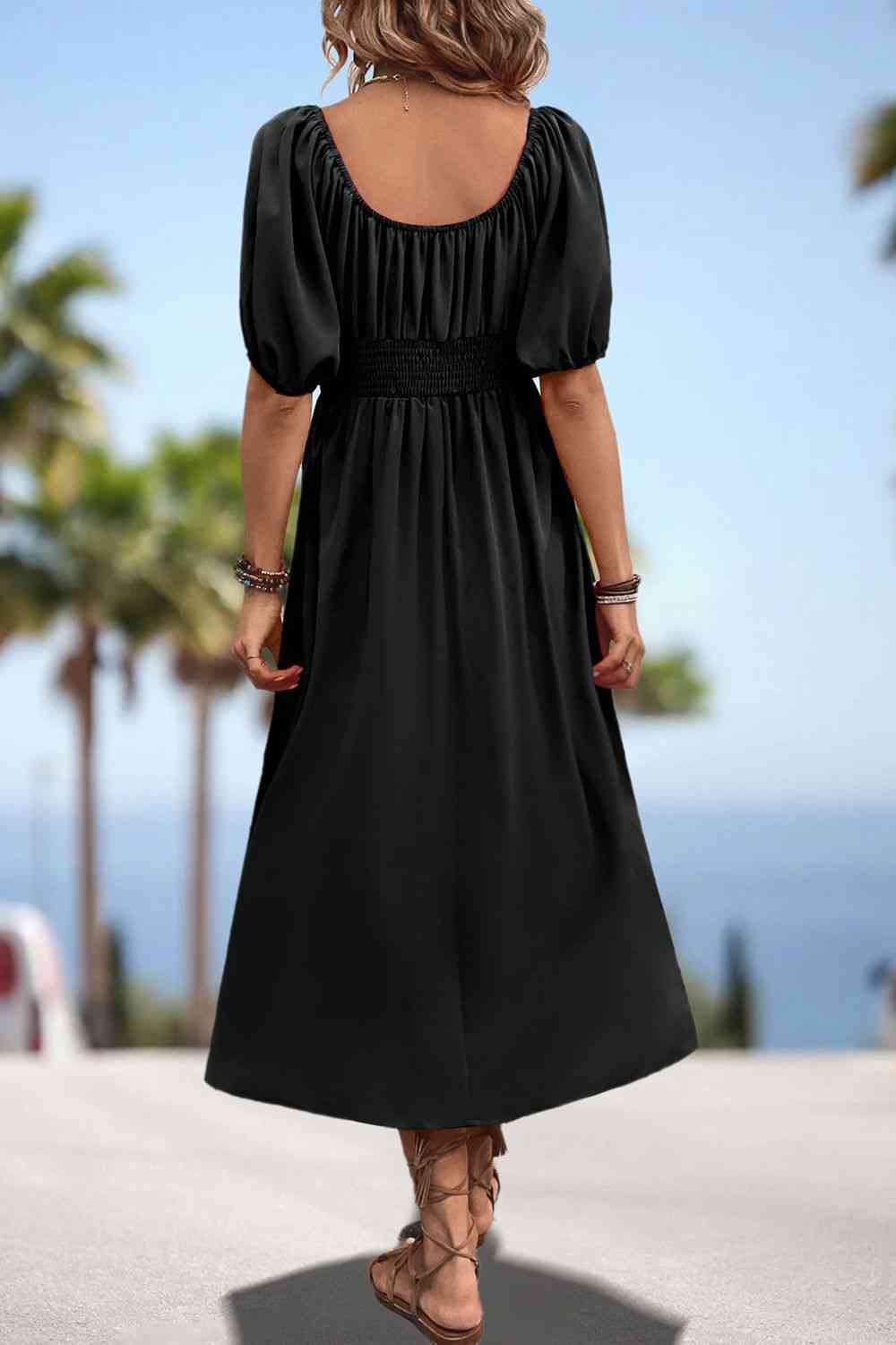 Square Neck Smocked Waist Puff Sleeve Midi Dress - All Dresses - Dresses - 8 - 2024