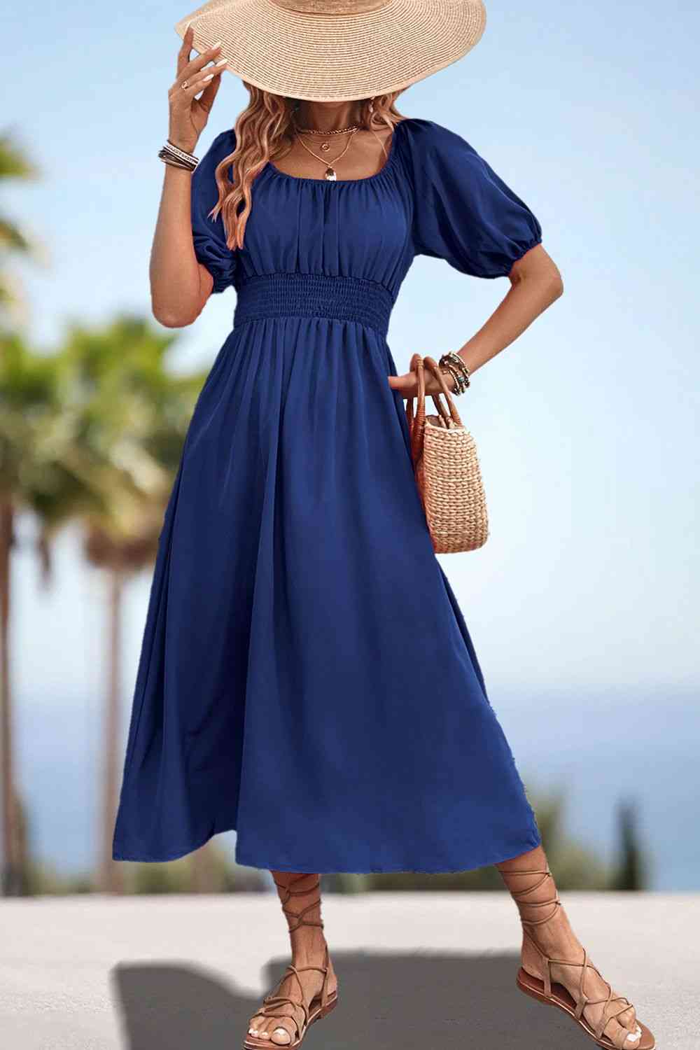 Square Neck Smocked Waist Puff Sleeve Midi Dress - Navy / S - All Dresses - Dresses - 9 - 2024