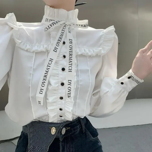 Ruffled Stand Collar Letter Bow Blouse - Women’s Clothing & Accessories - Blouse - 1