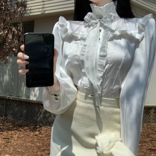 Ruffled Stand Collar Letter Bow Blouse - Women’s Clothing & Accessories - Blouse - 2