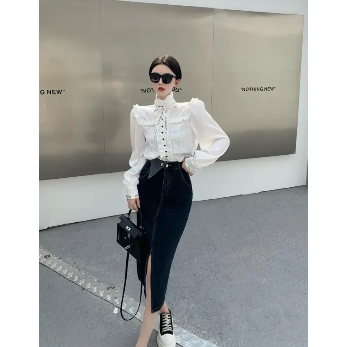 Ruffled Stand Collar Letter Bow Blouse - Women’s Clothing & Accessories - Blouse - 5