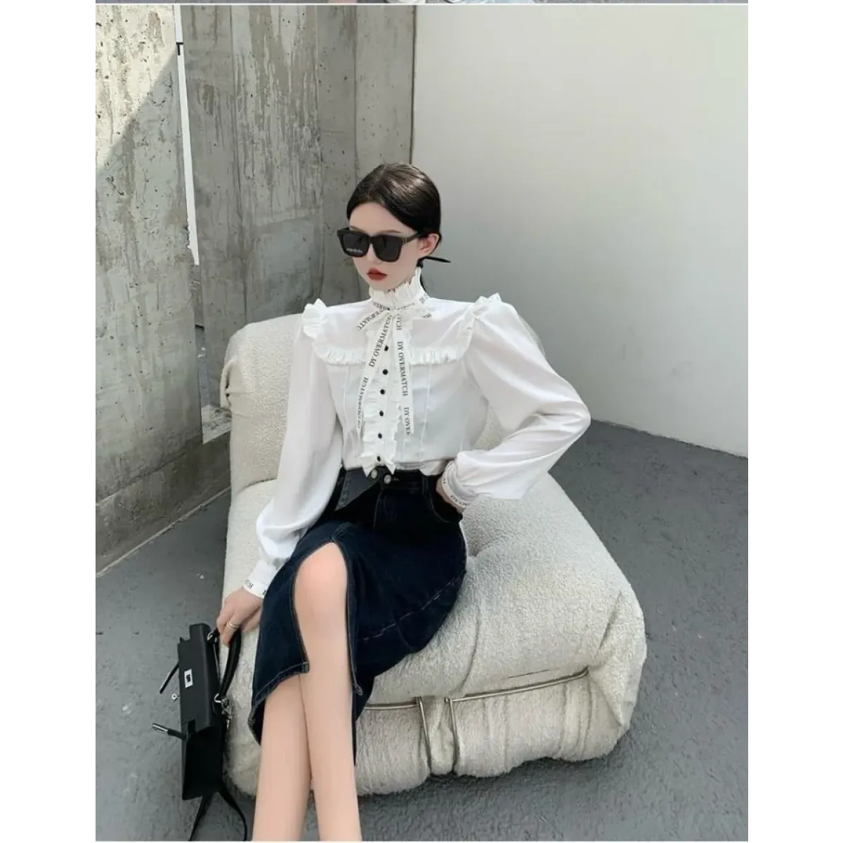 Ruffled Stand Collar Letter Bow Blouse - Women’s Clothing & Accessories - Blouse - 6