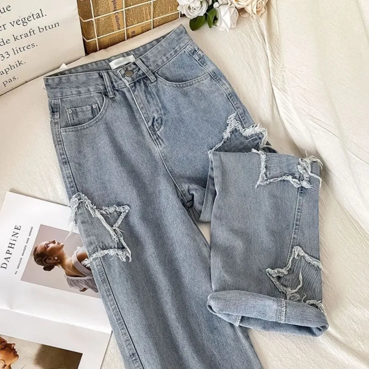 Star Patch Ripped High Waist Straight Leg Jeans – Women’s Loose Fit Denim - Best Sellers - Women’s Jeans - 1