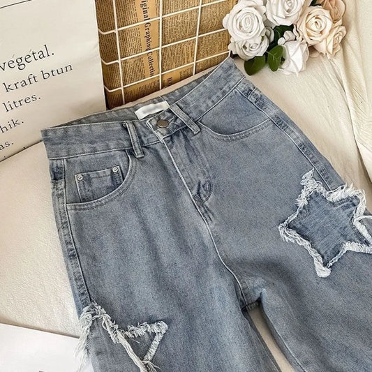 Star Patch Ripped High Waist Straight Leg Jeans – Women’s Loose Fit Denim - Bottoms - Jeans - 2025 - 2 - Worldwide