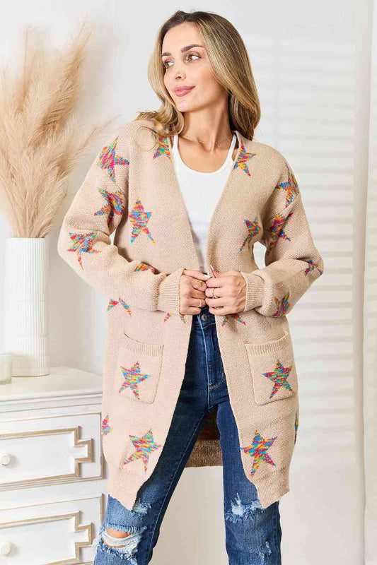 Star Pattern Open Front Longline Cardigan - Mocha / S - Women’s Clothing & Accessories - Shirts & Tops - 1 - 2024