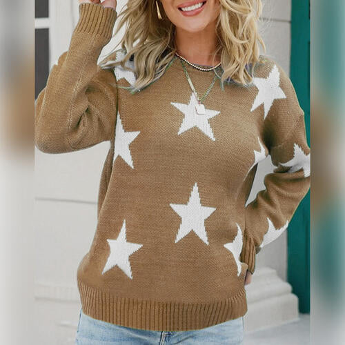 Star Pattern Round Neck Sweater - Sweaters - Shirts & Tops - 21 - 2024