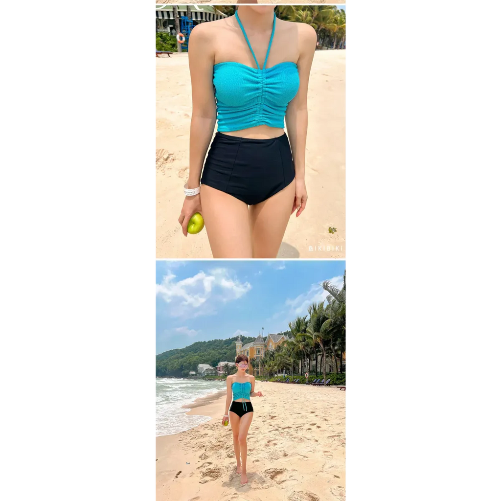 Strapless Bikini Set – High Waisted Black Contrast Lace Up Swimsuit - Sexy Products - Swimwear - 8