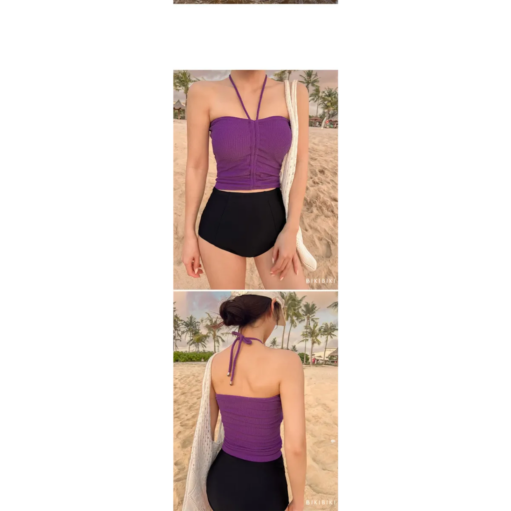 Strapless Bikini Set – High Waisted Black Contrast Lace Up Swimsuit - Sexy Products - Swimwear - 16