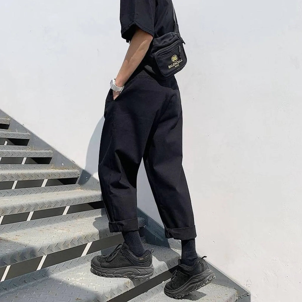 Men’s Simple Loose Black Cotton Pants - Bottoms - 4