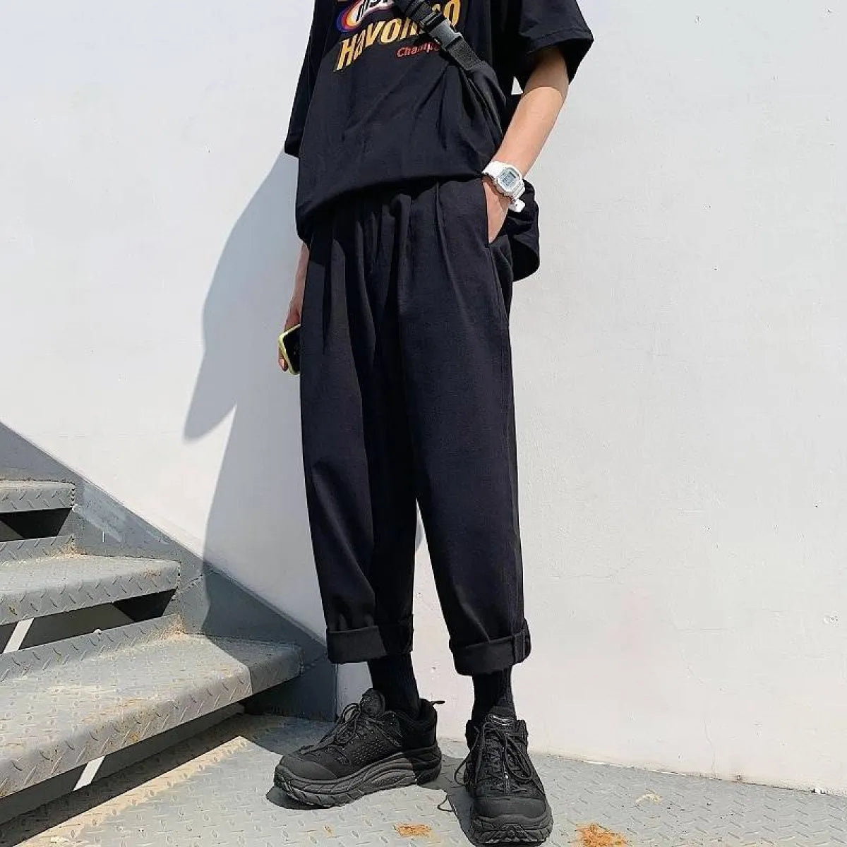 Men’s Simple Loose Black Cotton Pants - Bottoms - 3