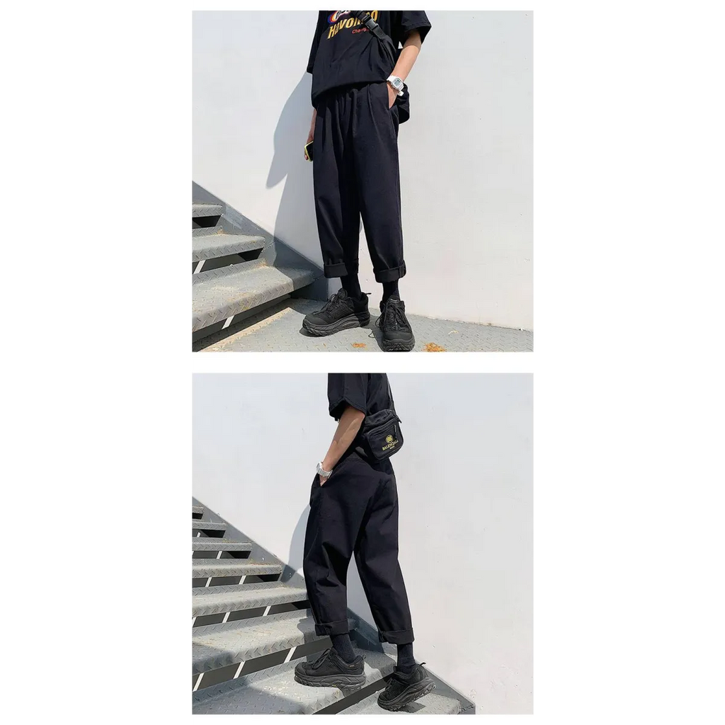 Men’s Simple Loose Black Cotton Pants - Bottoms - 7