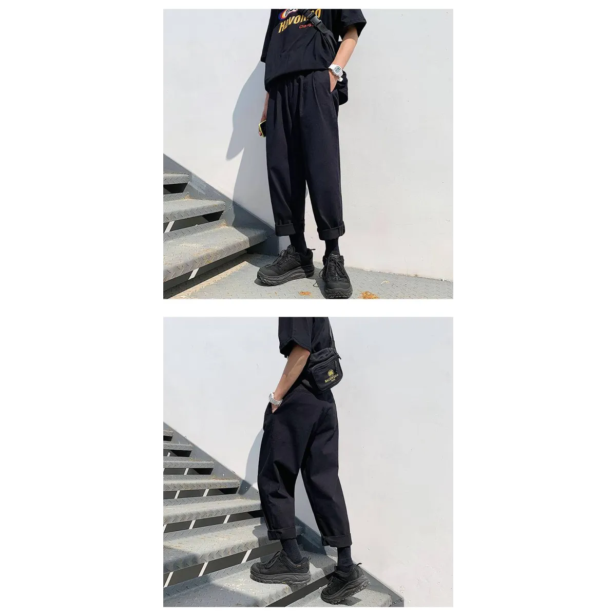 Men’s Simple Loose Black Cotton Pants - Bottoms - 7