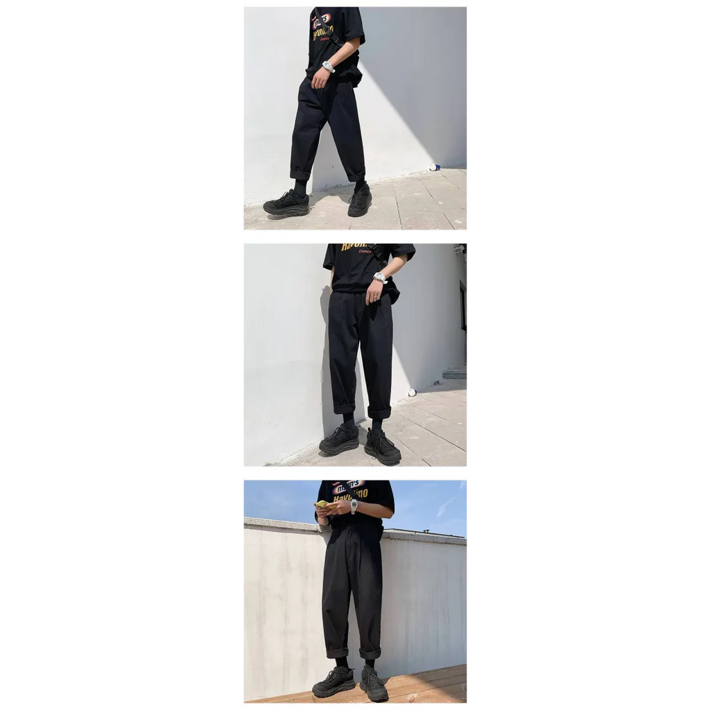 Men’s Simple Loose Black Cotton Pants - Bottoms - 6