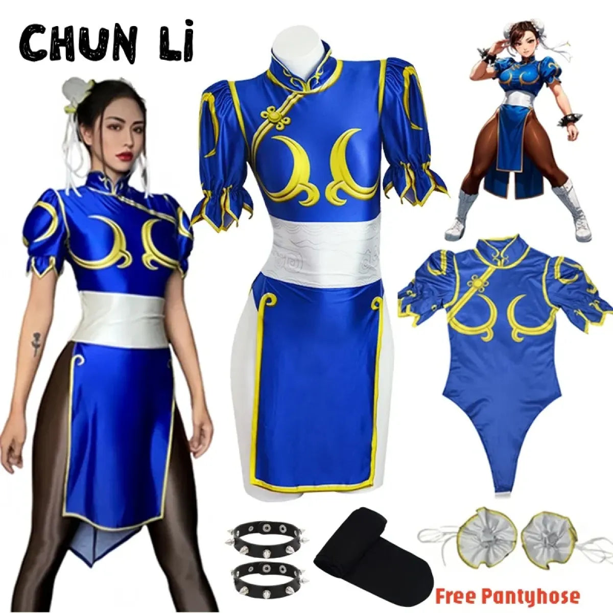 Chun Li Cosplay Costume – Street Fighter Blue Cheongsam Set with Headdress - All Dresses - Sets - 1