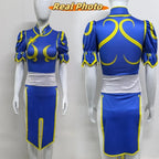 Chun Li Cosplay Costume – Street Fighter Blue Cheongsam Set with Headdress - All Dresses - Sets - 4