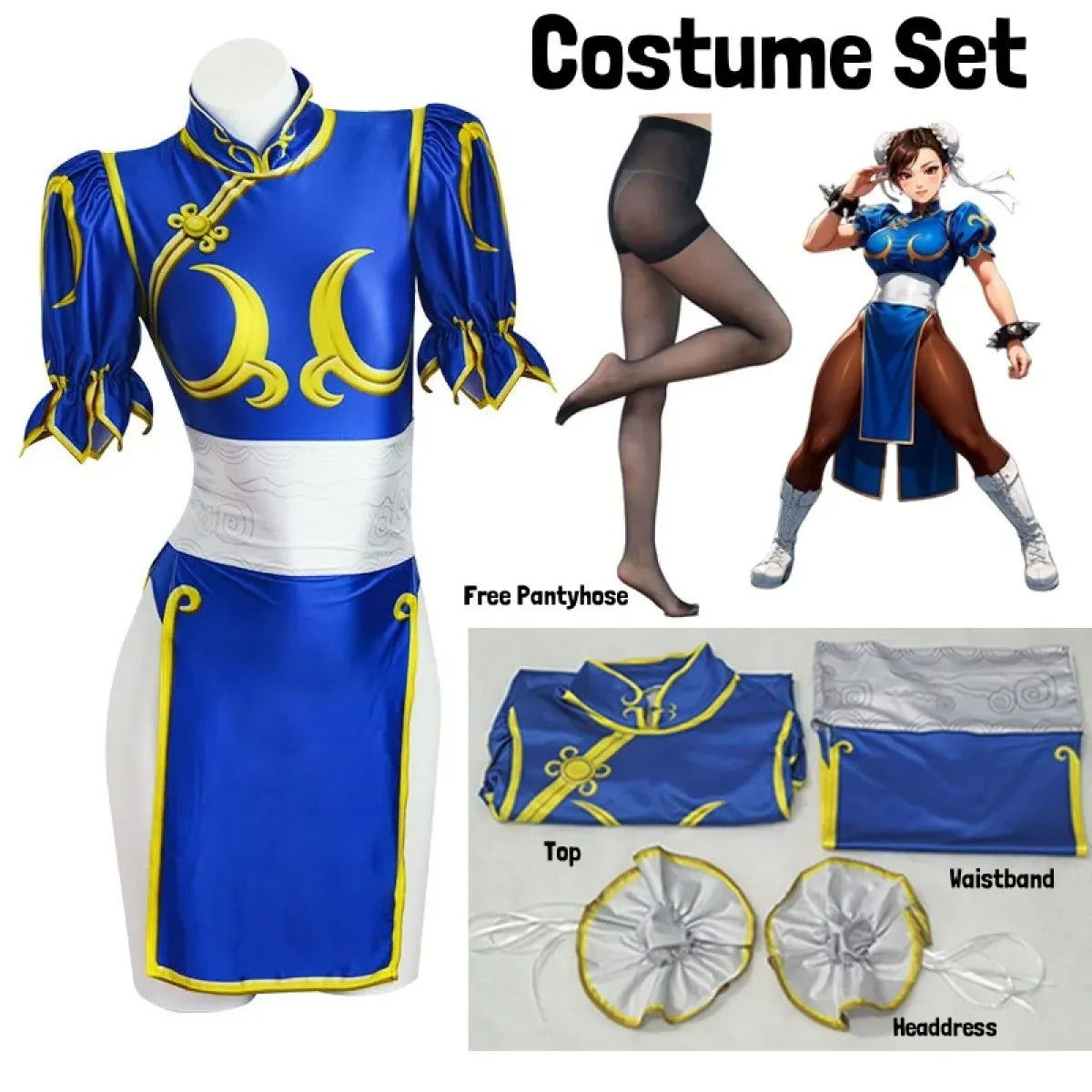 Chun Li Cosplay Costume – Street Fighter Blue Cheongsam Set with Headdress - All Dresses - Sets - 11